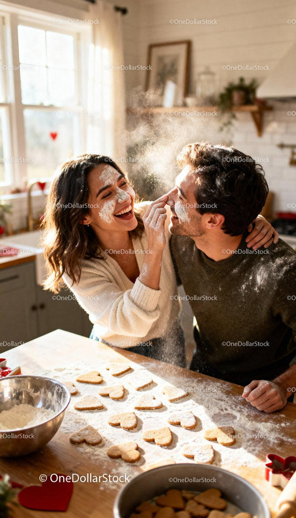 Couple playfully baking heart shaped cookies together