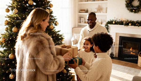 Family exchanging Christmas gifts by decorated tree