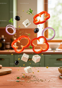 Fresh Mediterranean salad ingredients floating in kitchen