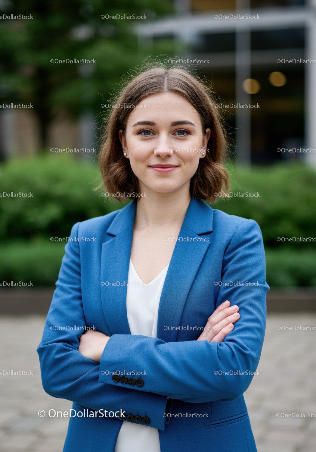 Pewna siebie młoda kobieta w niebieskim blezerze, portret biznesowy na świeżym powietrzu