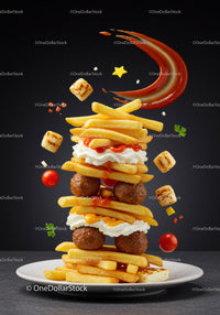Stack of fries, meatballs and sauces on plate