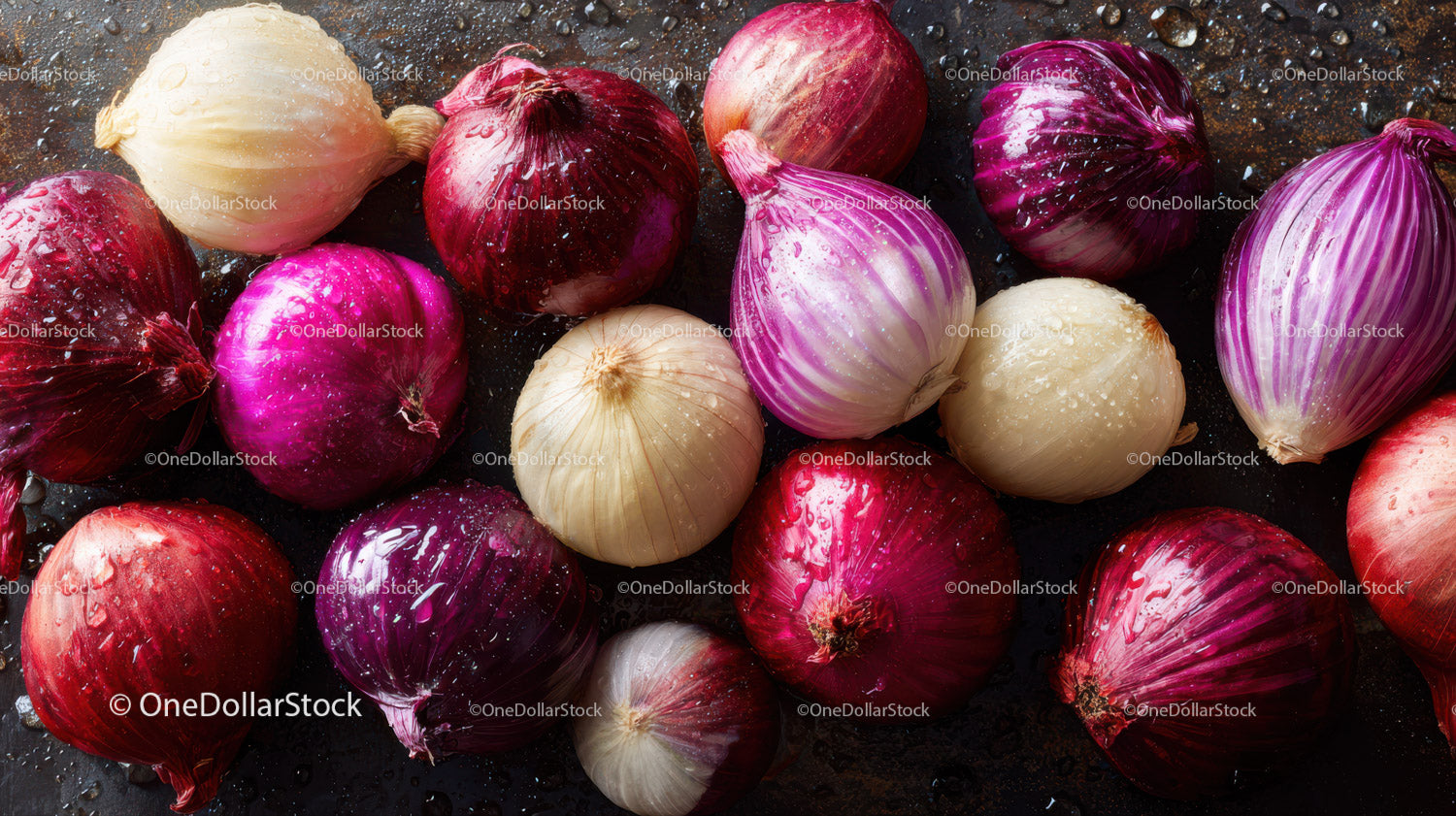 Colorful assortment of red, white, and purple onions on dark surface