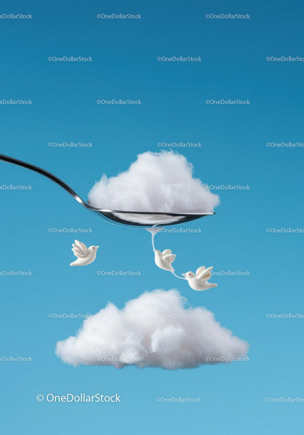 Creative concept of spoon holding fluffy cloud with birds