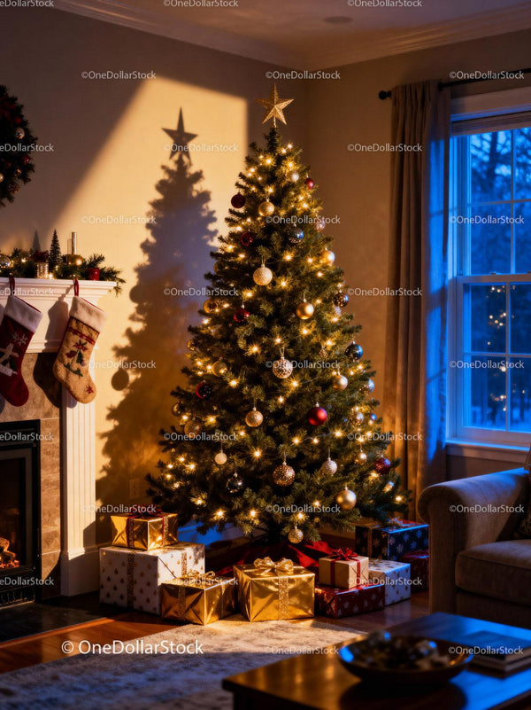 Przytulna choinka z prezentami i blaskiem kominka