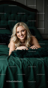 Smiling blonde woman relaxing on luxurious green bed