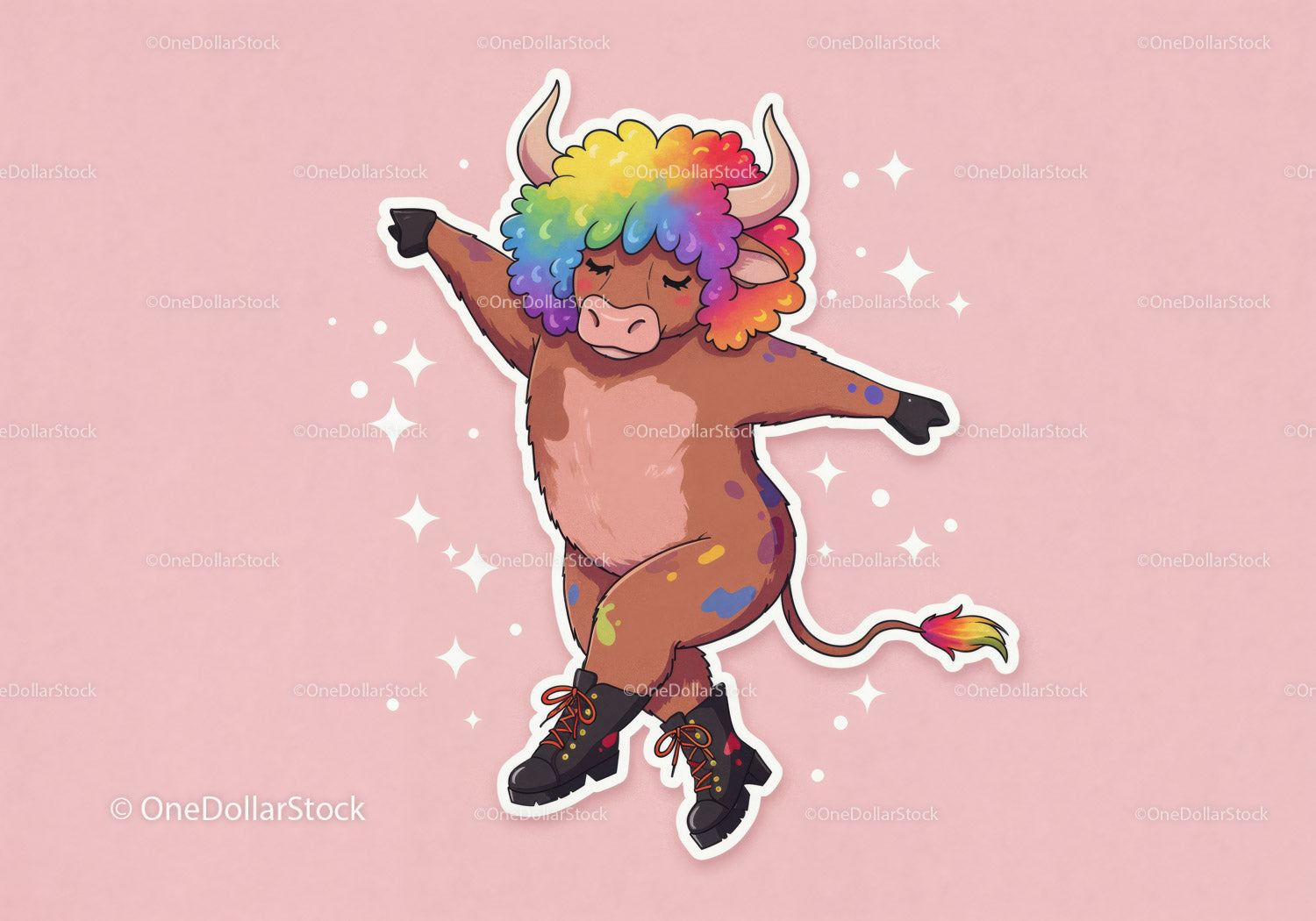 Colorful Cartoon Bull with Rainbow Hair in Funky Streetwear