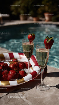 Strawberries and Sparkling Wine at Poolside for Summer Celebration