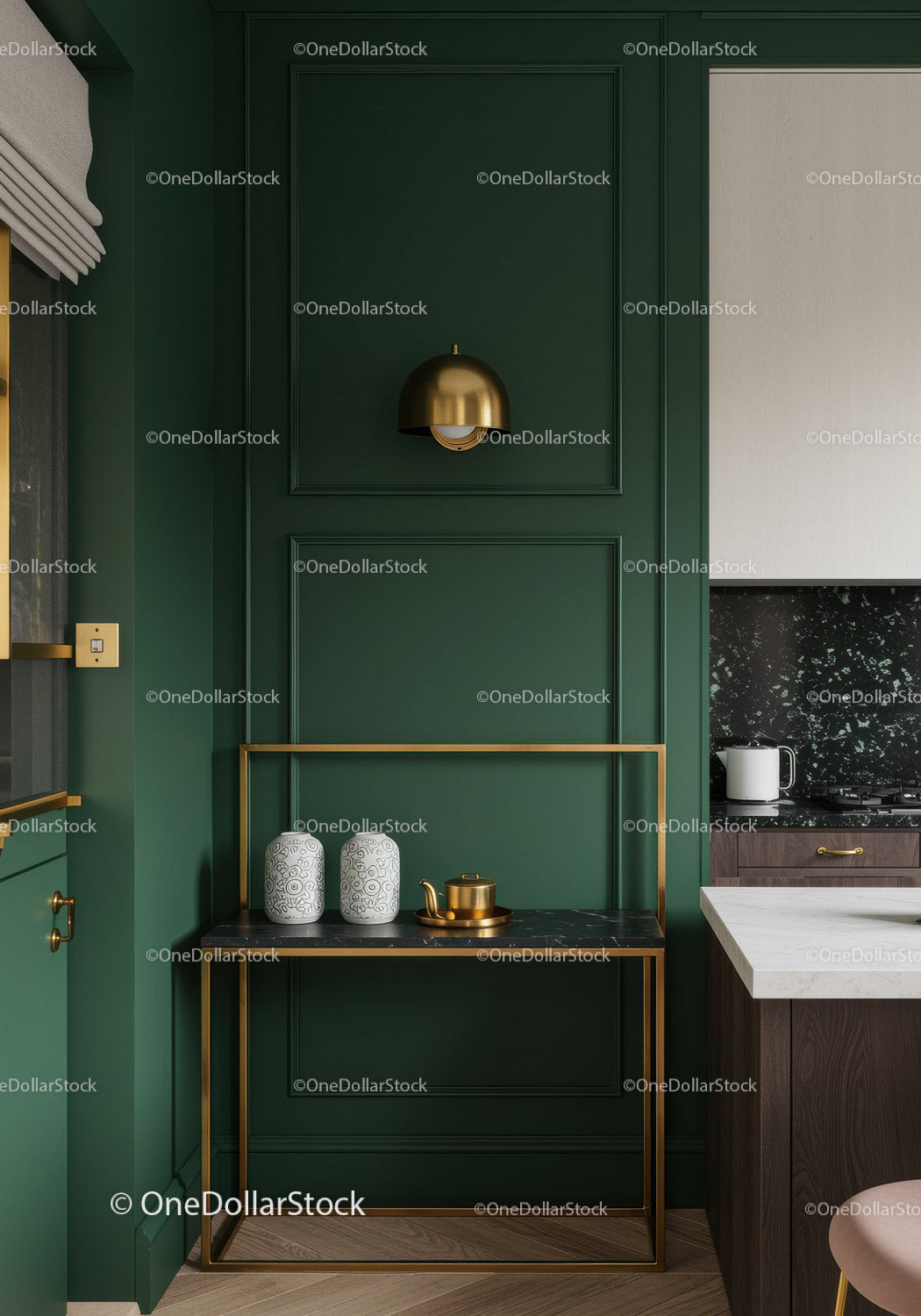 Elegant Modern Kitchen with Green Walls and Gold Accents