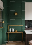 Elegant Modern Kitchen with Green Walls and Gold Accents