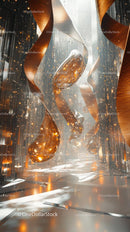 Futuristic Modern Interior with Metallic Sculptures and Artistic Lighting