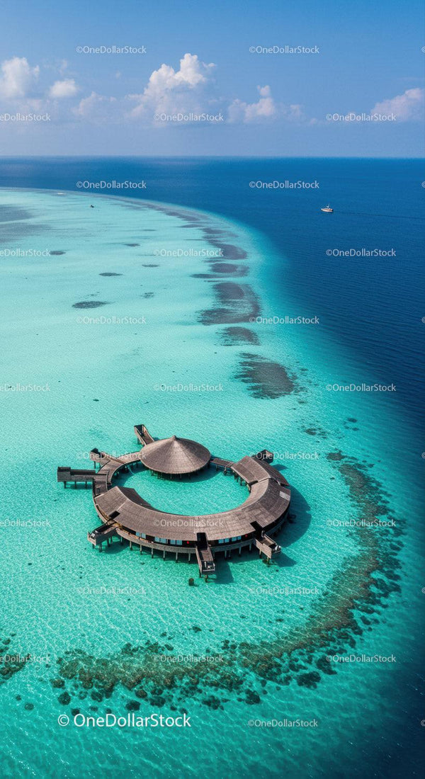 Overwater Bungalow in Turquoise Lagoon with Reef and Tropical Ocean