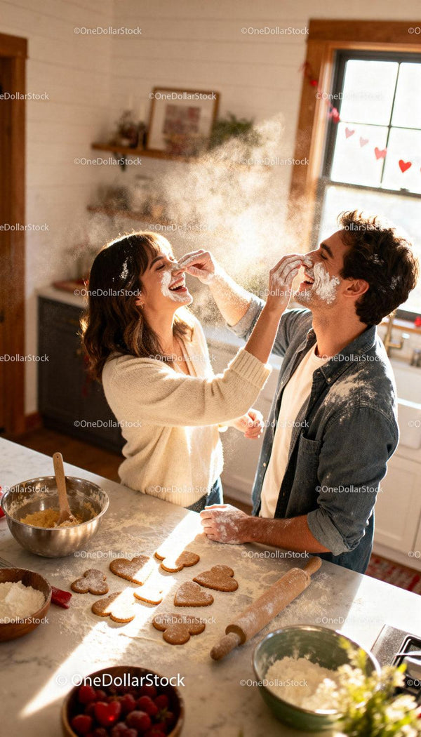 Couple playfully baking heart cookies in cozy kitchen