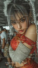 Young Woman with Striking Expression in Tribal-Inspired Fashion Portrait