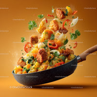 Colorful Crispy Chicken Bites with Fresh Vegetables in Pan