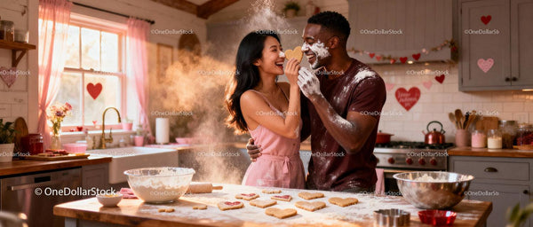 Couple Baking Heart-Shaped Cookies Together in Cozy Kitchen