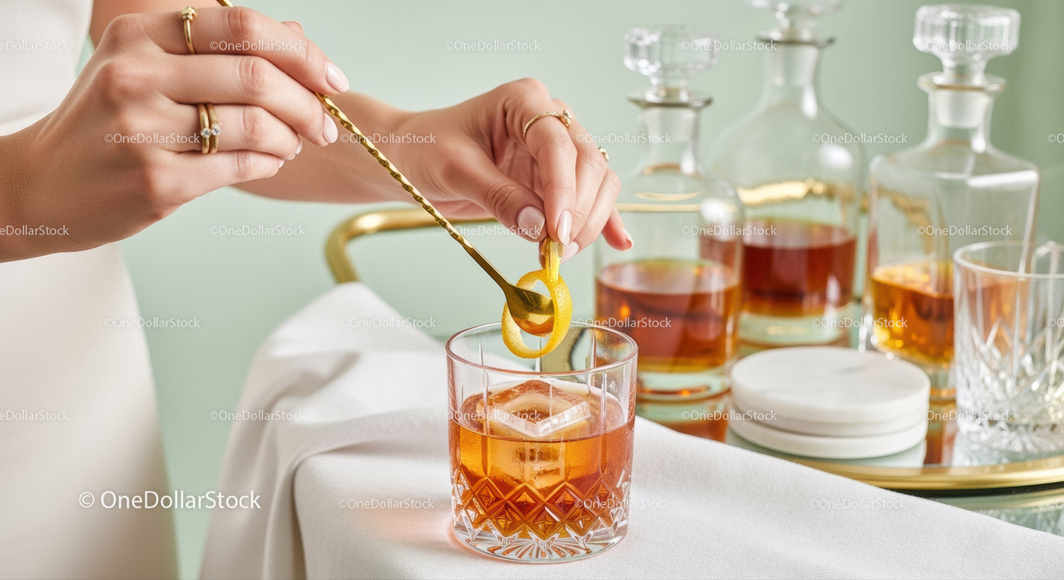 Elegant Amber Cocktail with Citrus Garnish in Crystal Glass