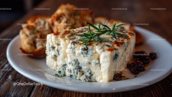 Blue Cheese Slice on White Plate with Herbs and Cranberries in Rustic Setting