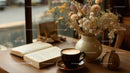 Dried Flowers in Amber Jar with Coffee and Open Book