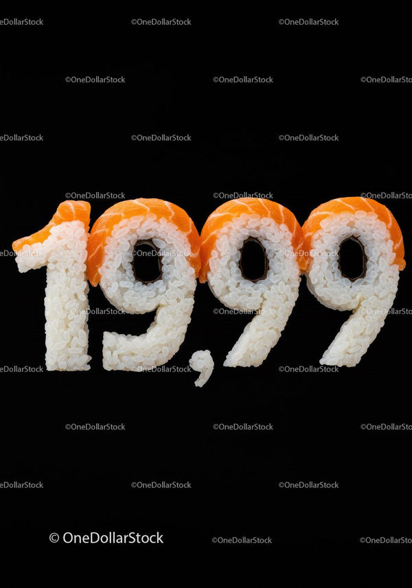 Symbol Ceny 19,99 zrobiony z ryżu do sushi i łososia