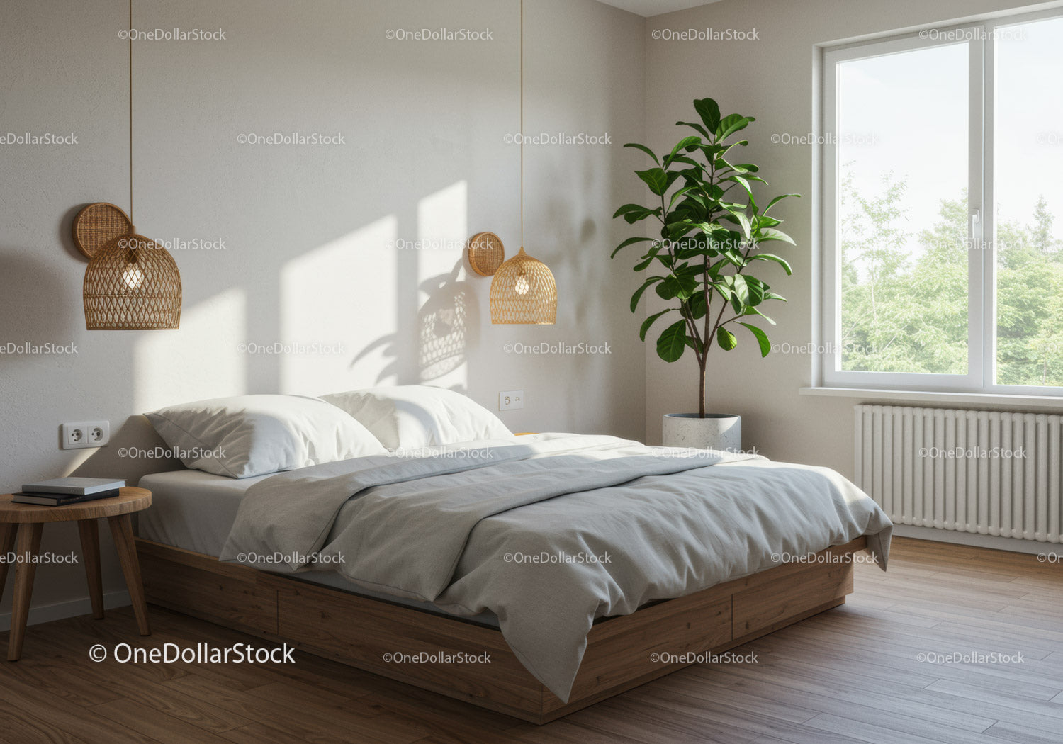Minimalist bedroom with natural light and green plant