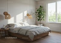Minimalist bedroom with natural light and green plant