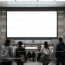 Commuters walking down stairs in urban subway station