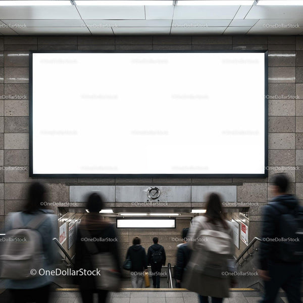 Commuters walking down stairs in urban subway station JPG Mockup Image