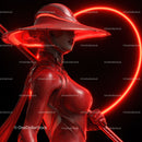 Futuristic Samurai in Neon Red Armor Holding Umbrella