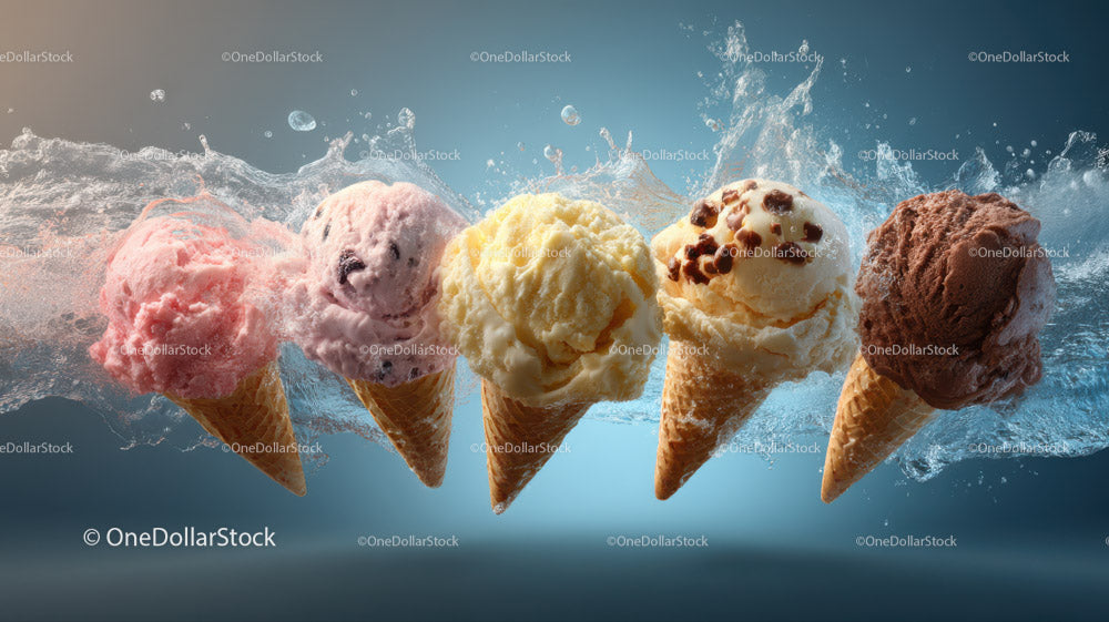 Colorful Ice Cream Cones with Splashing Water Effect