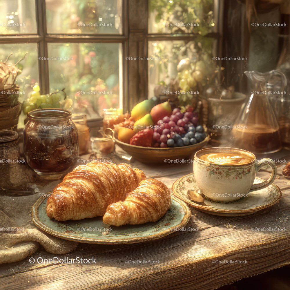 Rustic Breakfast Scene with Croissants Coffee and Fresh Fruit