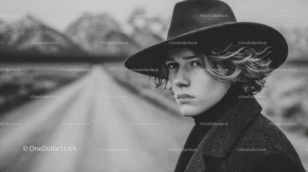 Black and White Portrait of Woman Wearing Wide-Brimmed Hat in Outdoors