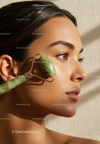 Woman with Jade Roller Performing Facial Massage for Healthy Skin