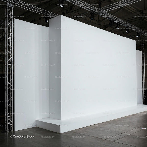 Minimalist white stage setup in industrial venue JPG Mockup Image