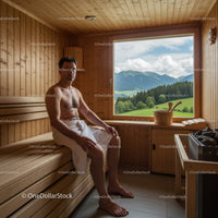 Man Relaxing in Wooden Sauna with Mountain View