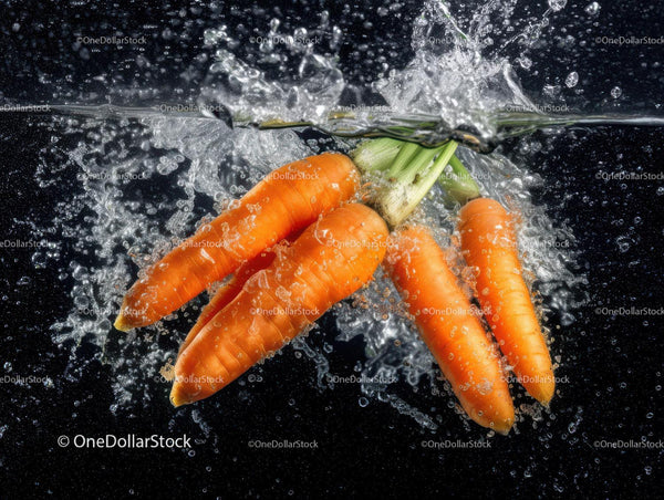 Fresh Orange Carrots in Water Splash for Healthy Food Presentation