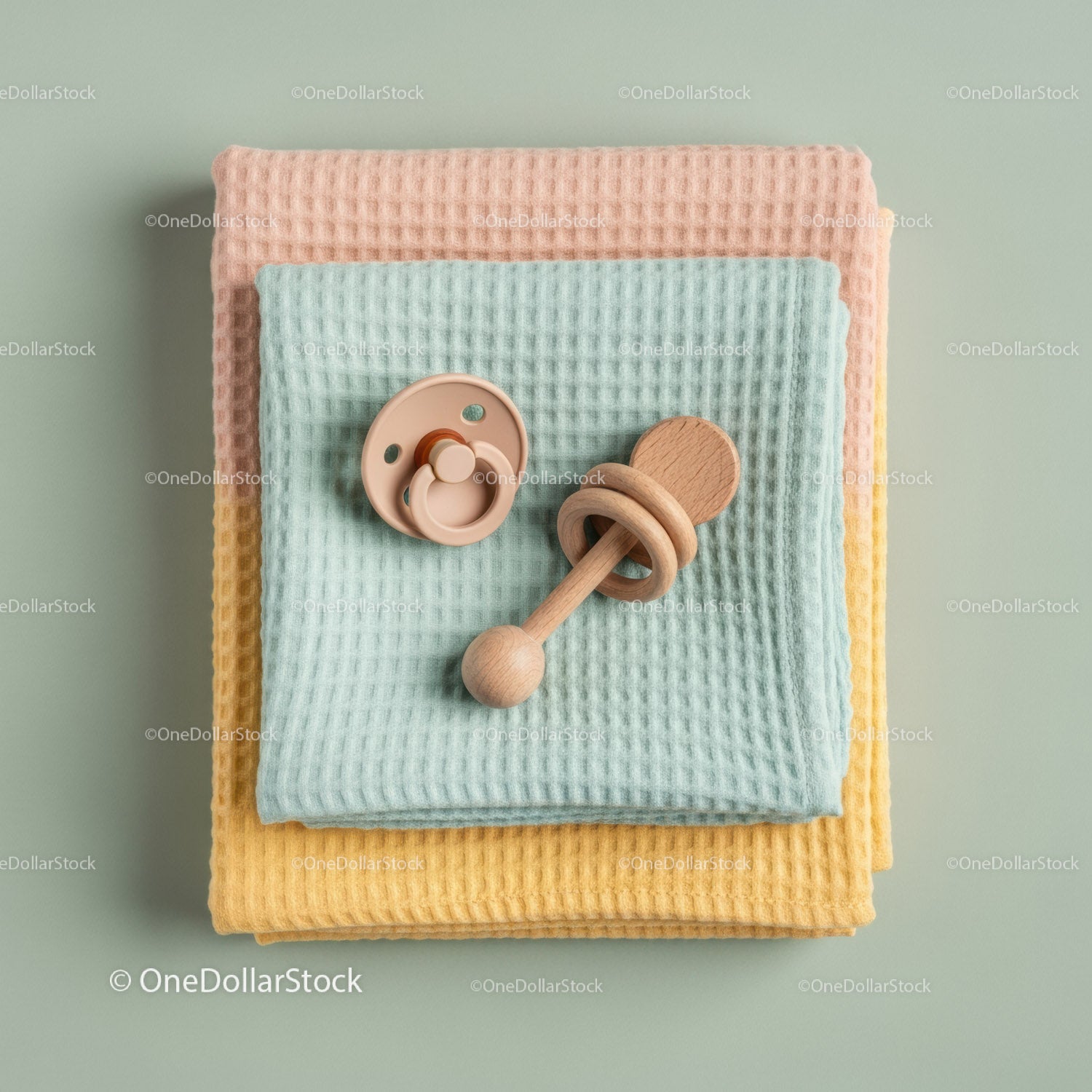Stack of soft pastel baby blankets with pacifiers