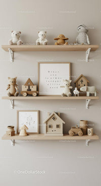 Wooden Toys and Plush Animals on Neutral Wall Shelves in Child's Room
