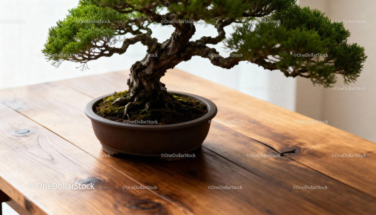 Elegant Bonsai Tree Displayed on Rustic Wooden Table