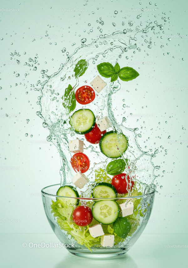 Fresh vegetable salad splash in glass bowl