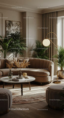 Cozy living room with curved sofa and indoor plants
