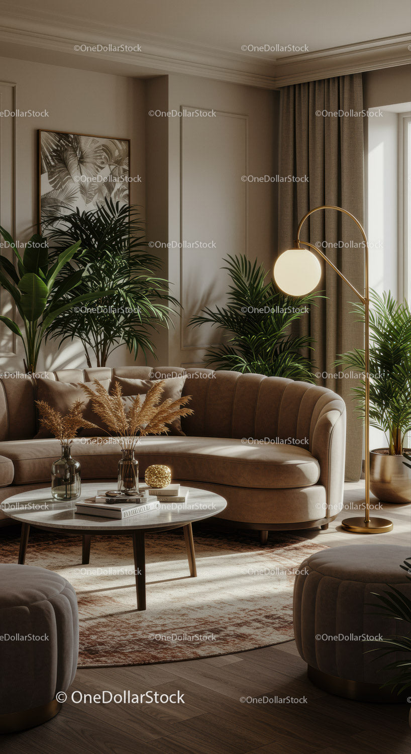 Przytulny salon z wygiętą sofą i roślinami doniczkowymi