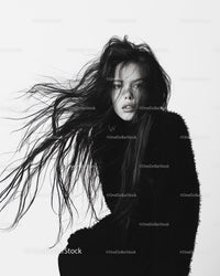 Black and White Portrait of Woman with Flowing Hair in Artistic Studio Setting