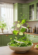 Fresh green vegetable salad ingredients in motion