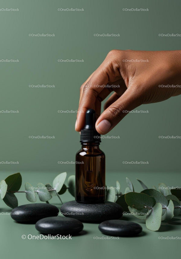 Brown Glass Dropper Bottle with Eucalyptus and Black Stones JPG Mockup Image