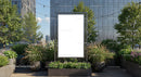 Urban rooftop garden with blank advertising board