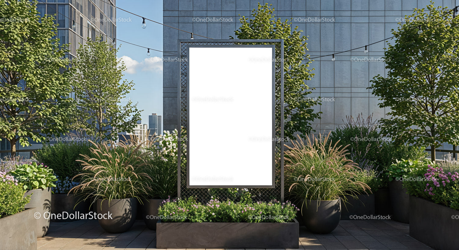 Urban rooftop garden with blank advertising board