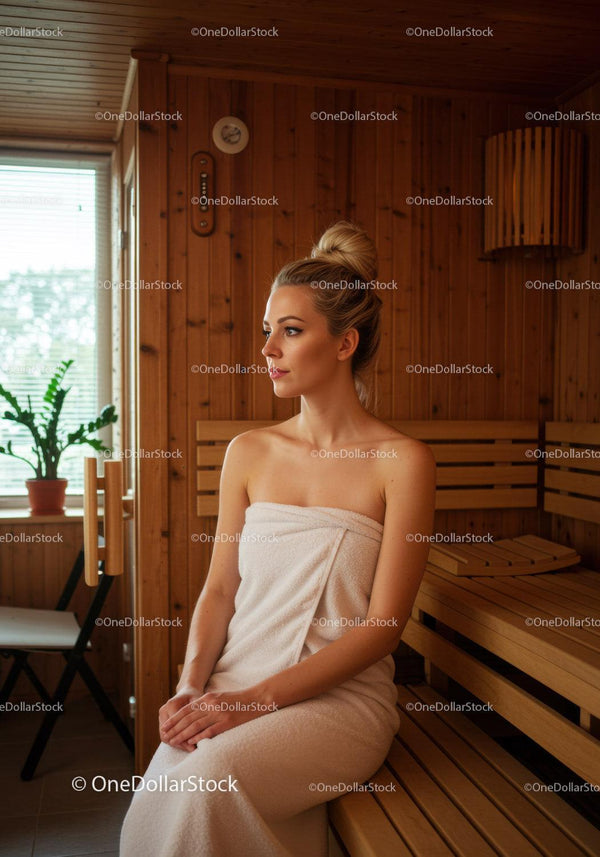 Relaksująca kobieta siedząca w drewnianej saunie z ręcznikiem dla wellness i spa
