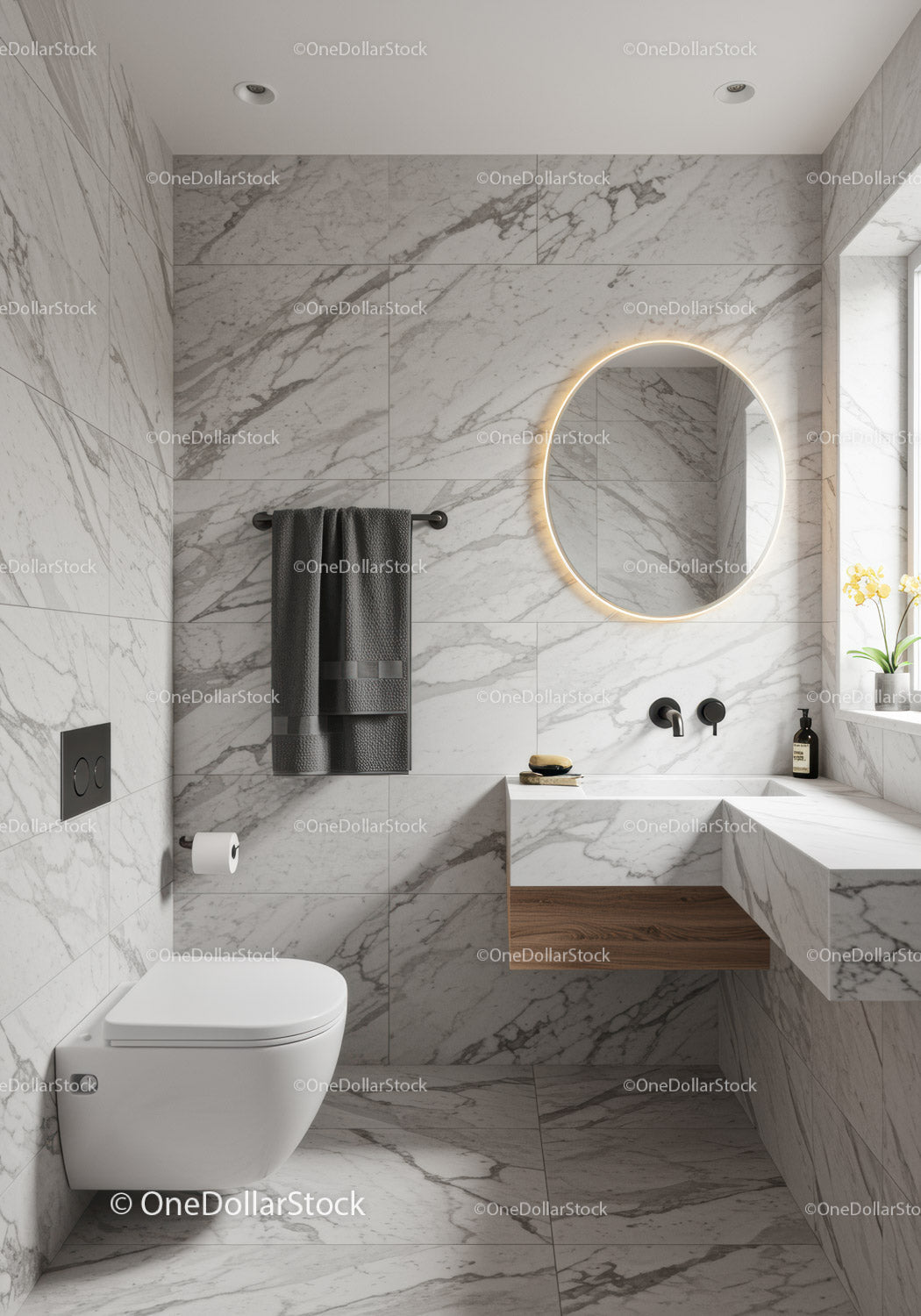 Luksusowa marmurowa łazienka o nowoczesnym, minimalistycznym designie i eleganckim wystroju