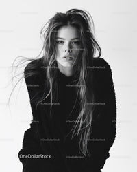 Black and White Portrait of a Fashionable Woman with Long Hair