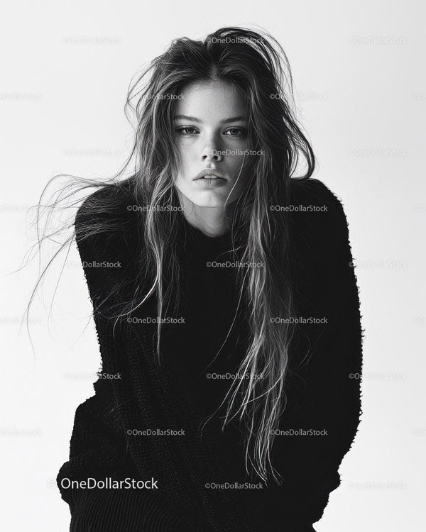 Black and White Portrait of a Fashionable Woman with Long Hair